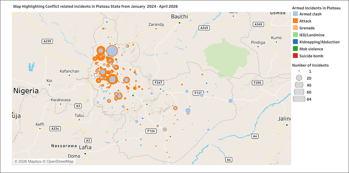 Map Highlighting Conflict related incidents in Plateau State from January 2024 - April 2026